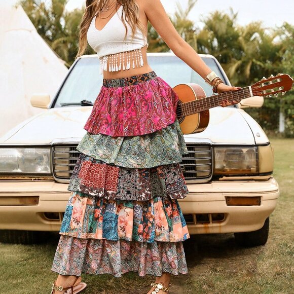 Multicolor Women's Boho Printed High Waist Loose Ruffle Trim Maxi Skirt - Picture 1 of 6